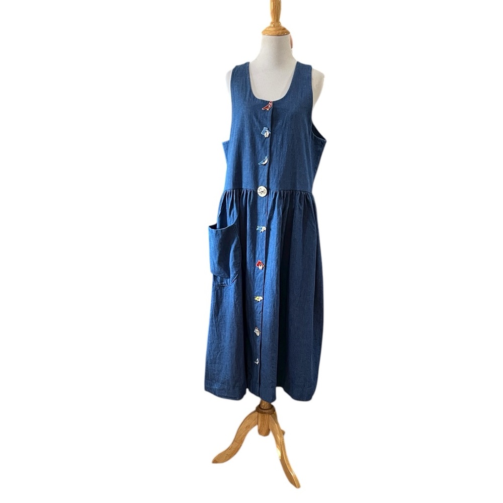 VINTAGE DOGWOOD LANE CHAMBRAY JUMPER DRESS WITH BIRD SHAPE BUTTONS BLUE SIZE L - Picture 3 of 13